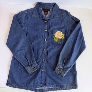 Embroidered Denim Shirt Shacket Overized Small Floral Cottagecore Casual
